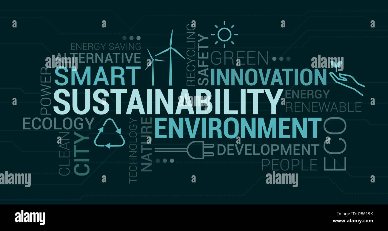 Medio ambiente, las ciudades inteligentes y sostenibilidad tag cloud con iconos y conceptos Ilustración del Vector