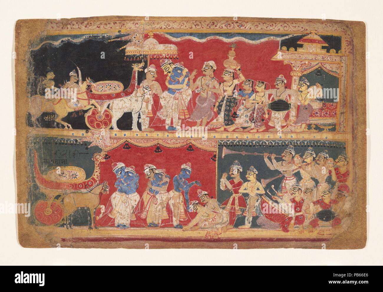 Krishna es acogido en Mathura: página desde un dispersa Bhagavata Purana manuscrito. Cultura: India (Delhi, Agra área). Dimensiones: 6 7/16 x 9 1/8 pulg. (16,4 x 23,2 cm). Fecha: ca. 1520-40. Los registros superiores e inferiores ilustran la entrada de Krishna en Mathura, donde acabará por enfrentar y matar al malvado rey Kamsa. El Bhagavata Purana describe detalladamente la alegre bienvenida que recibió, especialmente por las mujeres de la ciudad, quienes abandonaron lo que estaban haciendo y corrieron a verlo. La emoción del momento es enfatizada por los músicos en ambos registros y la aparición de Kris Foto de stock