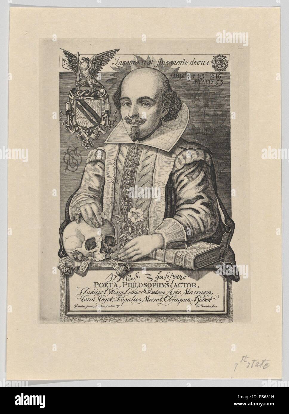 Retrato de William Shakespeare rodeado de libros