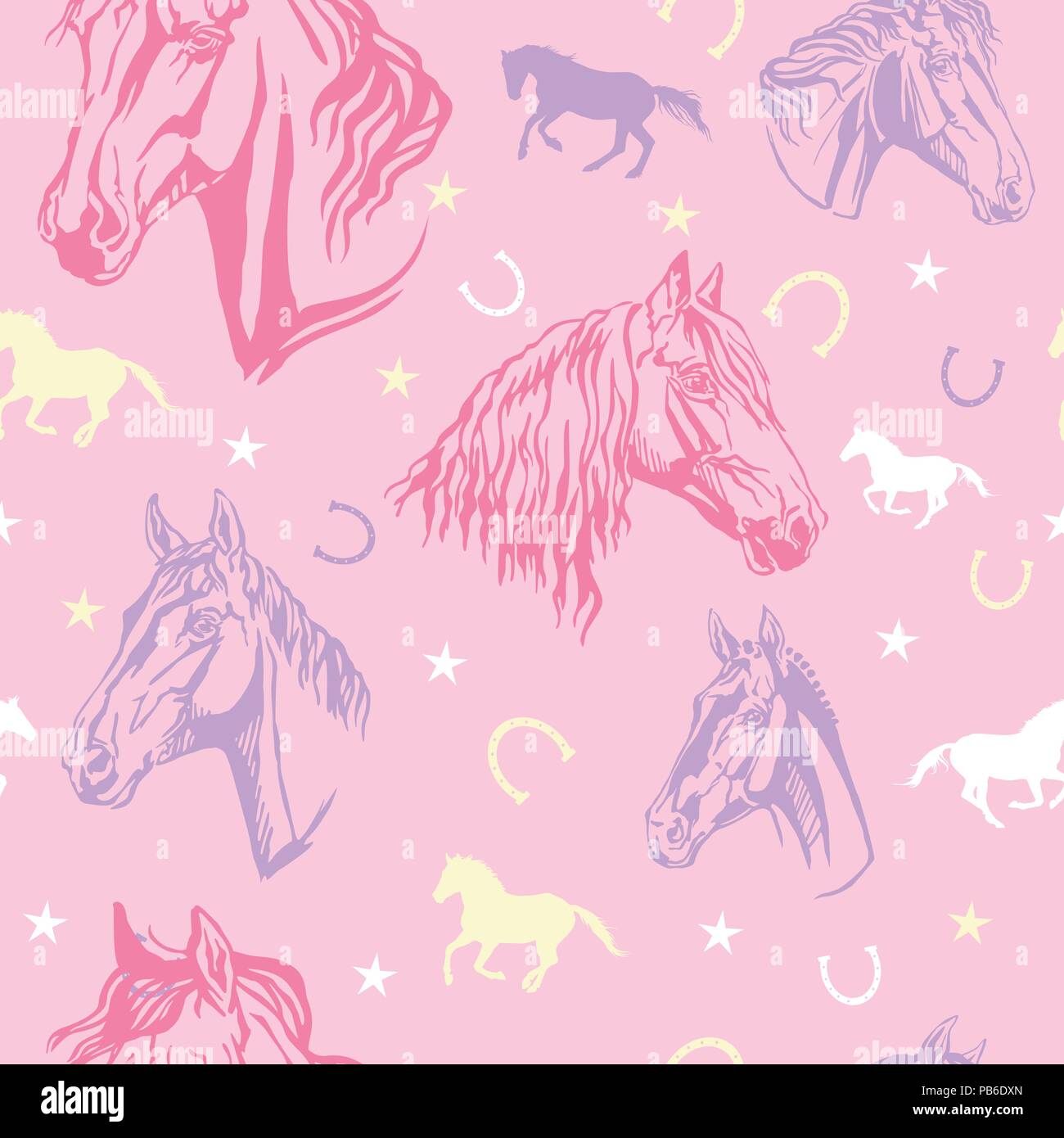Vector colorido patrón sin fisuras con estrellas, herraduras y decorativos  de retratos de caballos, sobre fondo de color rosa Imagen Vector de stock -  Alamy