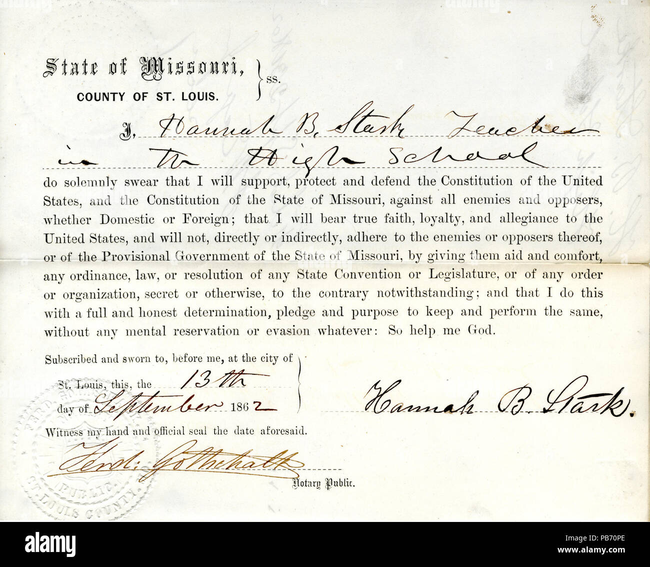 948 juramento de lealtad de Hannah B. Stark de Missorui, Condado de St.Louis Foto de stock