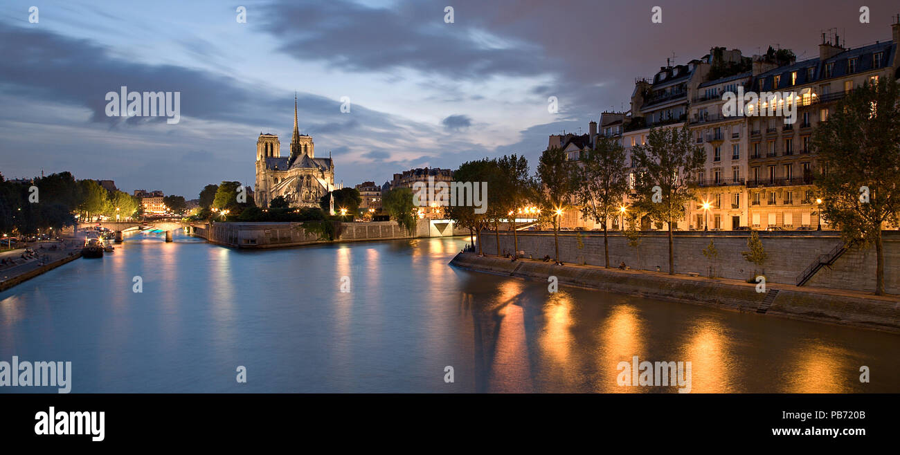 El río Sena y la catedral de Notre Dame en la noche, París, Francia Foto de stock