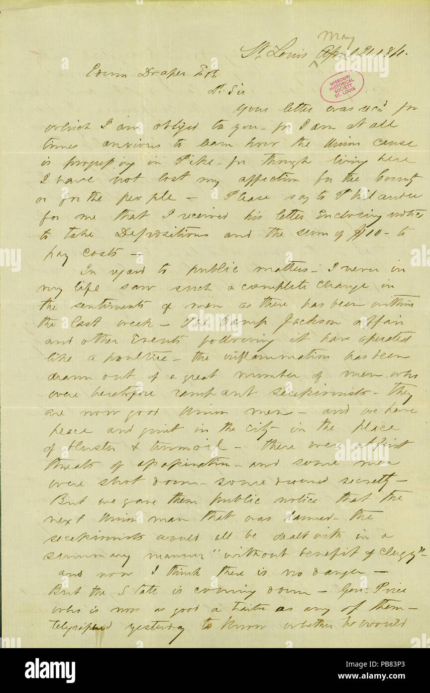 909 Carta firmada Jas. O. Broadhead (James O. Broadhead), Saint Louis, a Edwin Draper, Mayo ('Abril' tachado) 21, 1861 Foto de stock