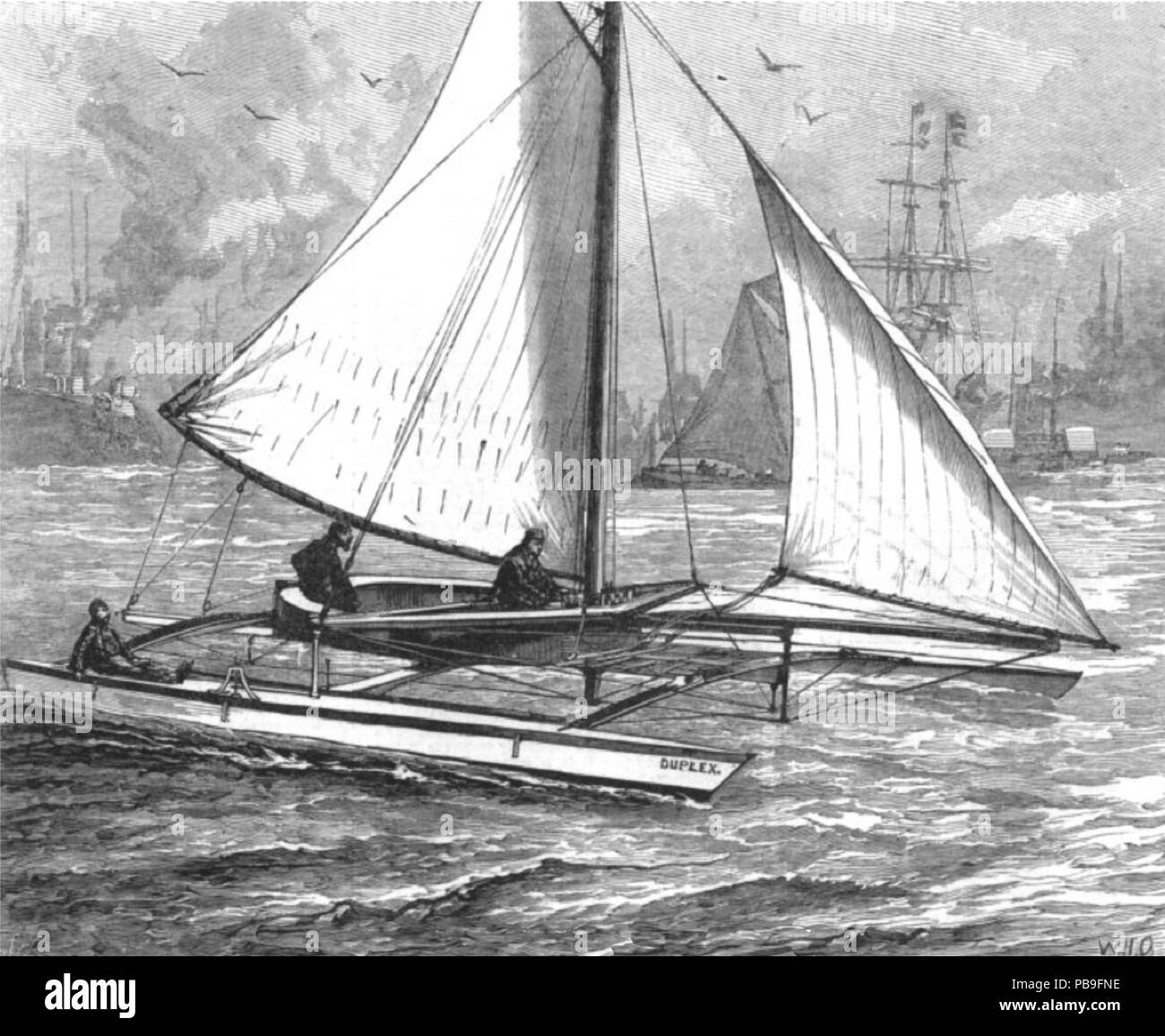 757 Herreshoff Duplex catamarán en el Thames River--1880 Foto de stock