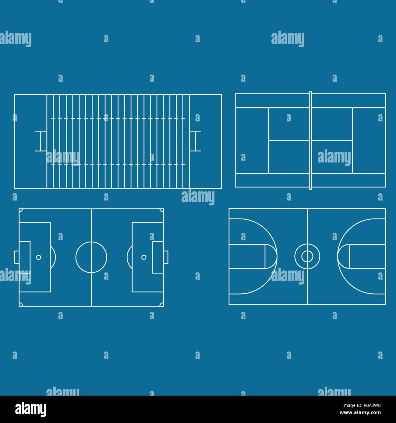 Fútbol, baloncesto, fútbol americano y tenis, campos establecidos Ilustración del Vector