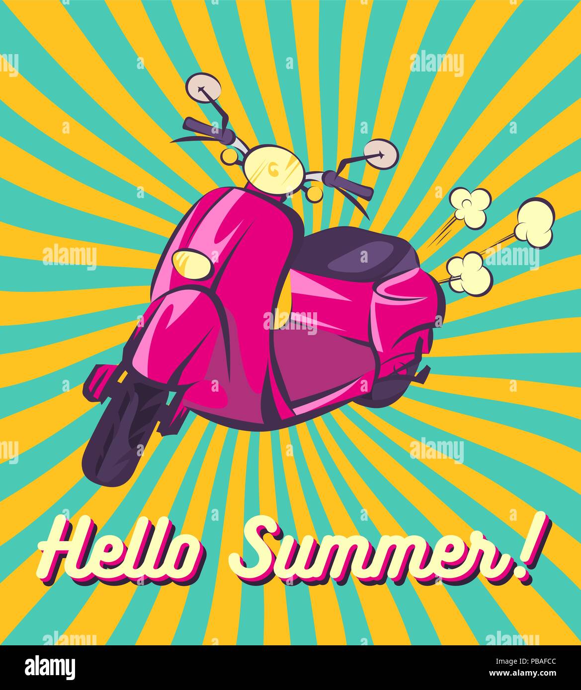 Hola verano retro banner. Antiguo scooter vintage ilustración. Imagen vectorial. Rosa envejecido ciclomotor. Rayas, arañazos y nubes de humo. Pop art estilo de dibujos animados Ilustración del Vector