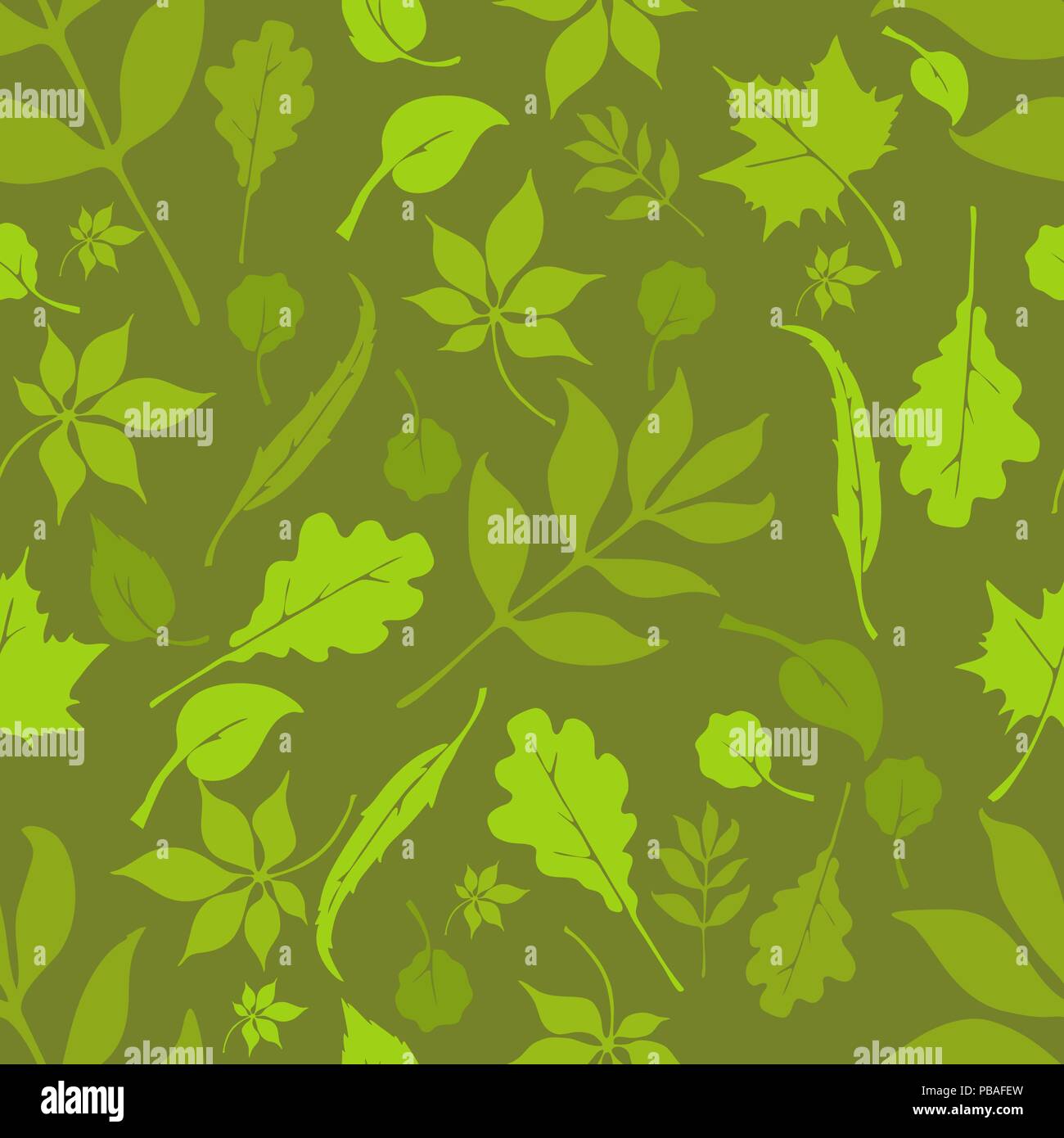 Bosques rusos patrón sin fisuras. Tejido de camuflaje. Formato cuadrado. Hojas de textura. Diseño de árboles europeos. Roble, tilo, abedules, castaños, sauces, alisos, Ilustración del Vector