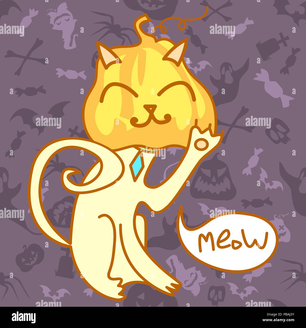 Gato de Halloween con calabaza en lugar de cabeza. Comic personaje de dibujos animados sobre fondo de vacaciones perfecta. Ilustración vectorial Ilustración del Vector