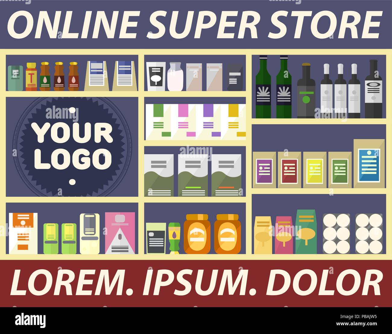 Plano vectorial online store, publicidad banner web, lleno de estantes de productos - Productos planos. Ilustración del Vector