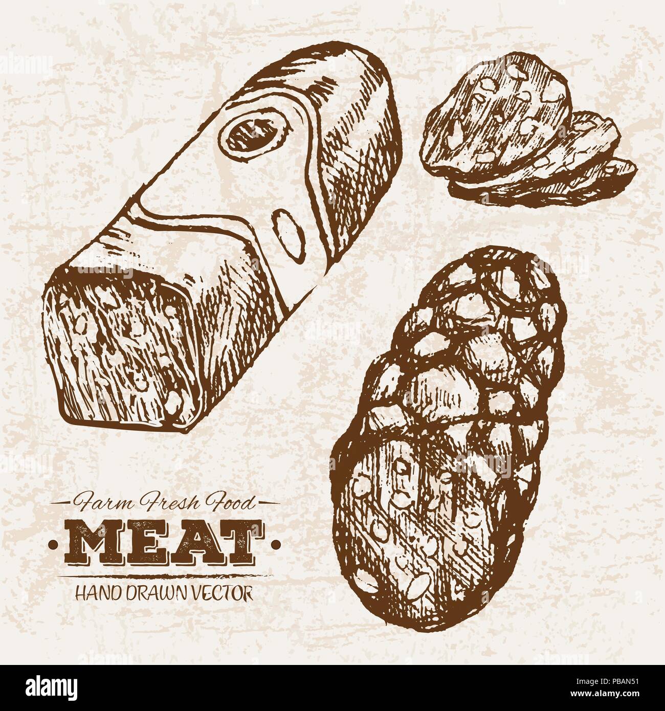 Croquis dibujados a mano steak productos cárnicos con salchichas y salami,  alimentos frescos de granja, ilustración vintage en blanco y negro, dibujo  sencillo Imagen Vector de stock - Alamy