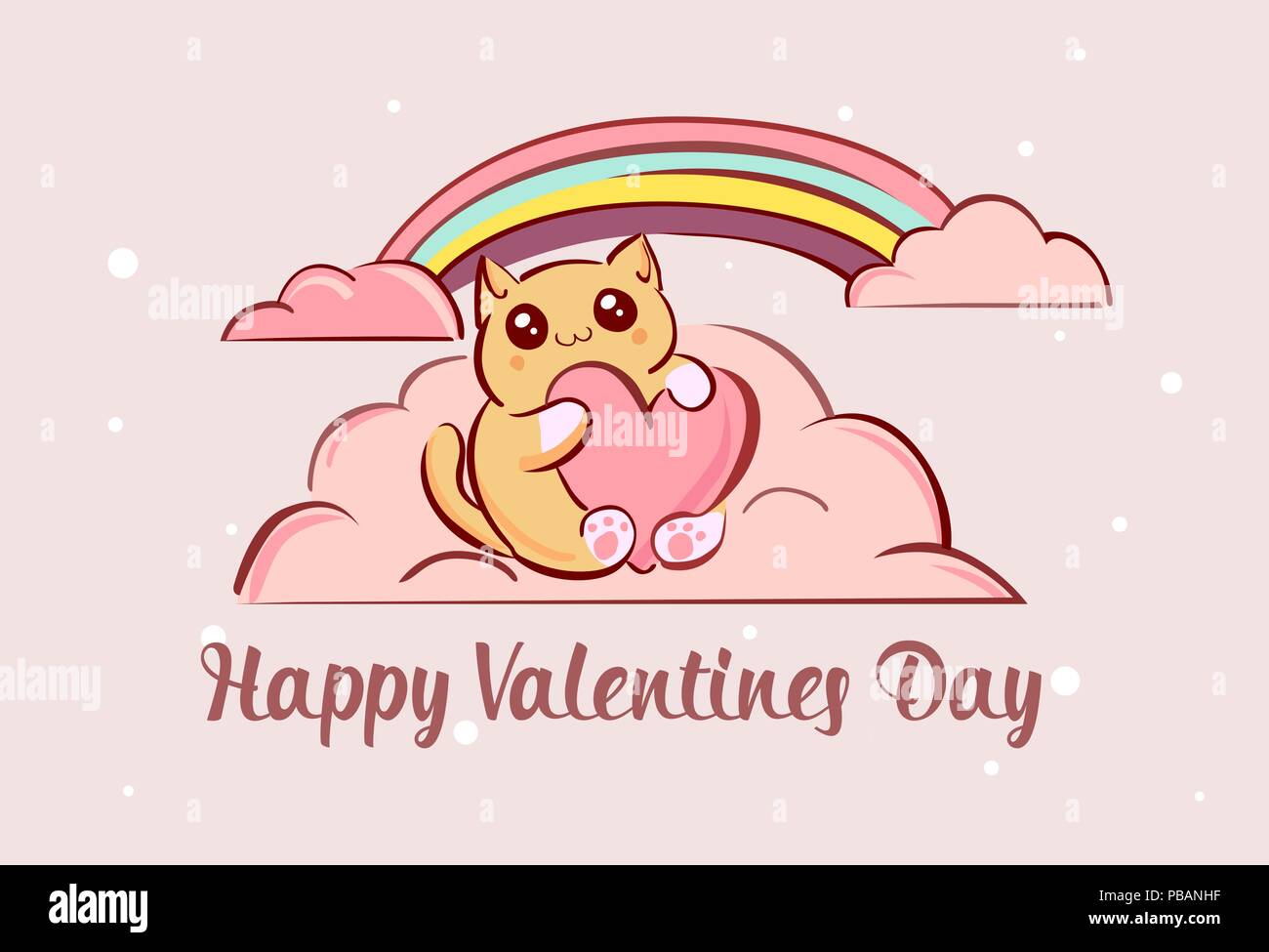 Cute kawaii cartoon cat con corazón de nubes rosadas ilustración vectorial.  Feliz Día de San Valentín felicitaciones Imagen Vector de stock - Alamy