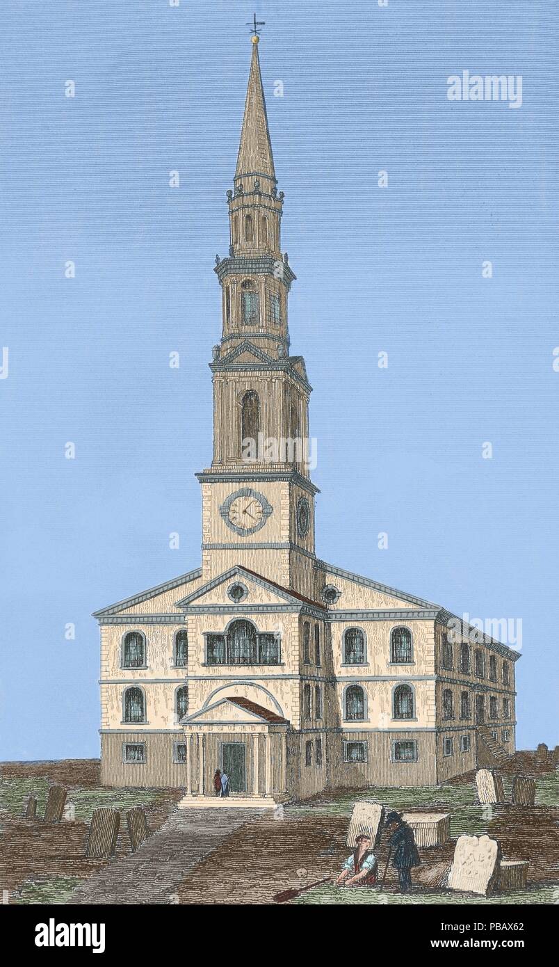 La Iglesia Bautista de Providence, Rhode Island, Estados Unidos, en el siglo XVIII. Fue la primera iglesia bautista que llegó al continente americano, fundada por Roger Williams en 1639 en Rhode Island. Grabado del año 1837. Coloreado. Foto de stock