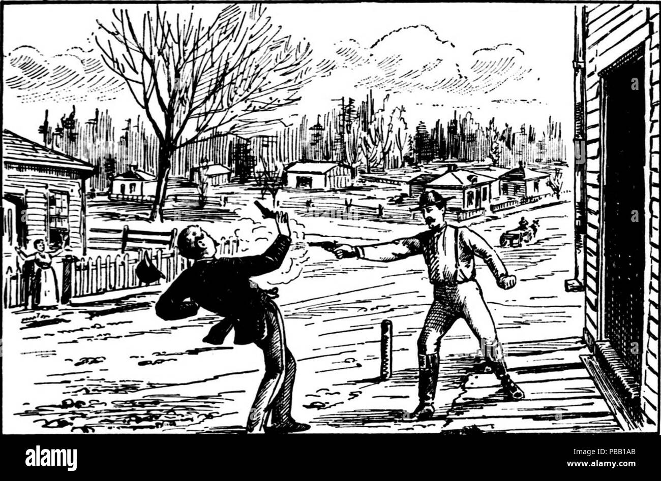 . Un grabado del proscribir Donald Morrison matando constable especial Jack Warren. El título original se lee: "El acelerado y Warren muertos / proclamó el objetivo del vaquero'. Fecha desconocida para determinados por el cargador, ya que la imagen no está específicamente acreditados o de fecha. La imagen data de algún tiempo antes de 1892. 1059 Morrison matando a Warren Foto de stock