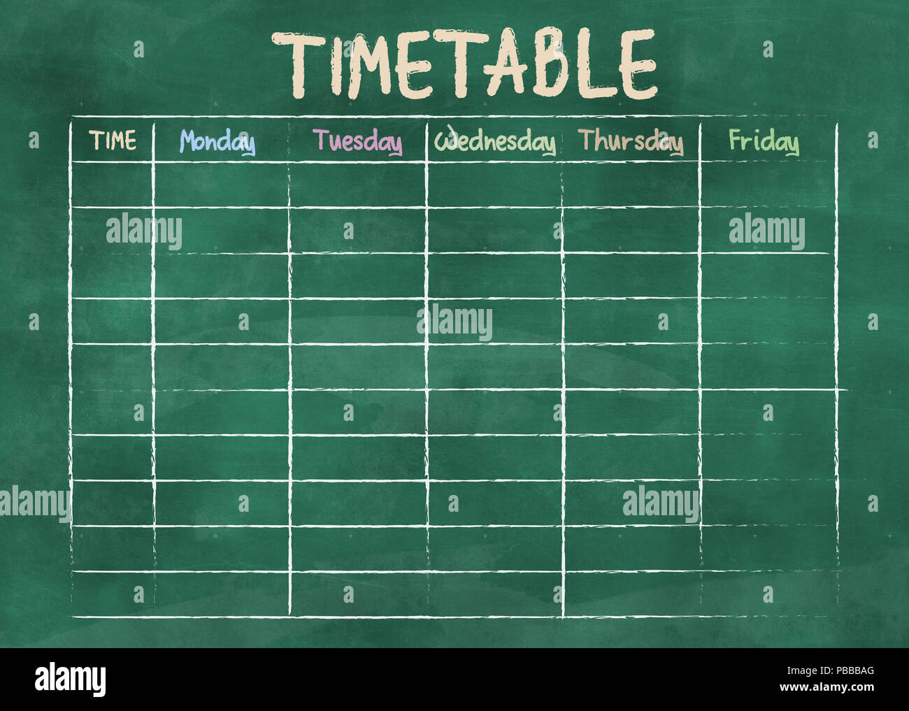 Calendario escolar o el horario de clases de pizarra verde Foto de stock