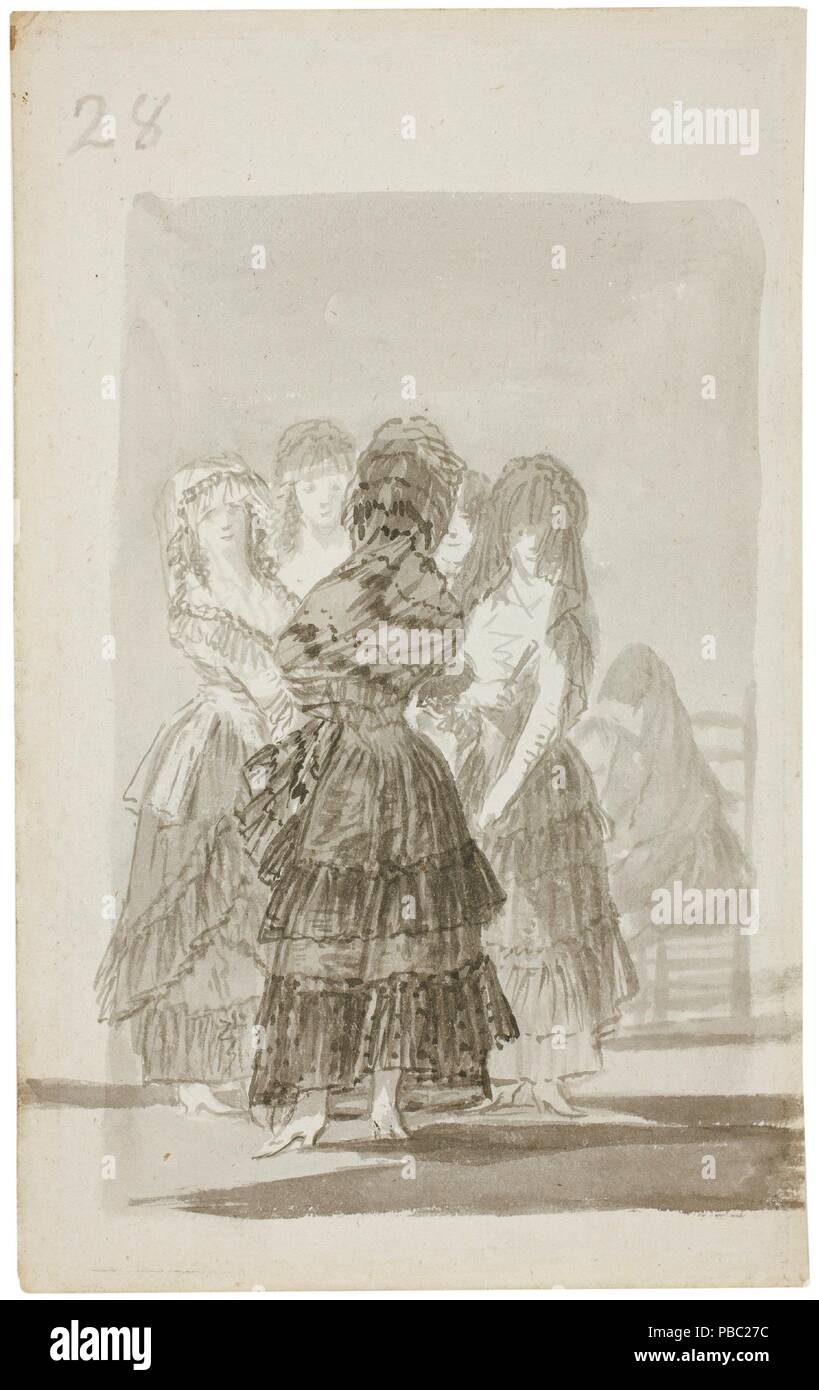 Francisco de Goya y Lucientes / 'Grupo de maja en el paseo. Álbum B, 28'. 1794 - 1795. Lavar, cepillar Bistre sentado sobre papel. Museo: Museo del Prado, Madrid, España. Foto de stock