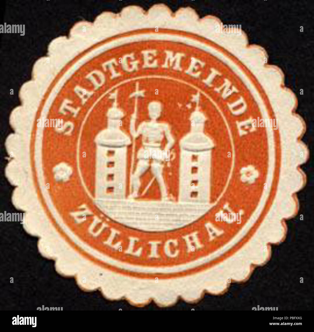 Alte Briefverschlussmarke aus Papier, welche seit ca. 1850 von Behoerden, Anwaelten, Notaren und zum verschliessen firmen der Post verwendet wurde. 1520 - Züllichau Siegelmarke Stadtgemeinde W0232720 Foto de stock