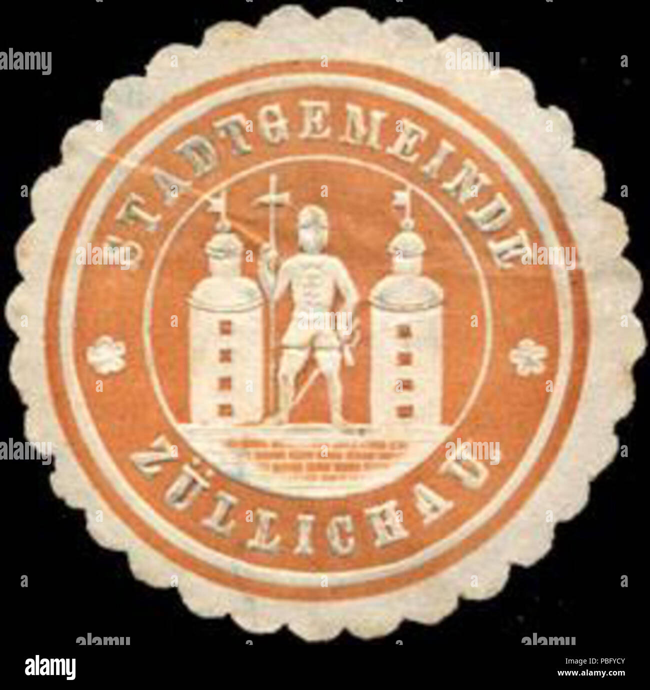 Alte Briefverschlussmarke aus Papier, welche seit ca. 1850 von Behoerden, Anwaelten, Notaren und zum verschliessen firmen der Post verwendet wurde. 1521 Siegelmarke Stadtgemeinde Züllichau W0212870 Foto de stock