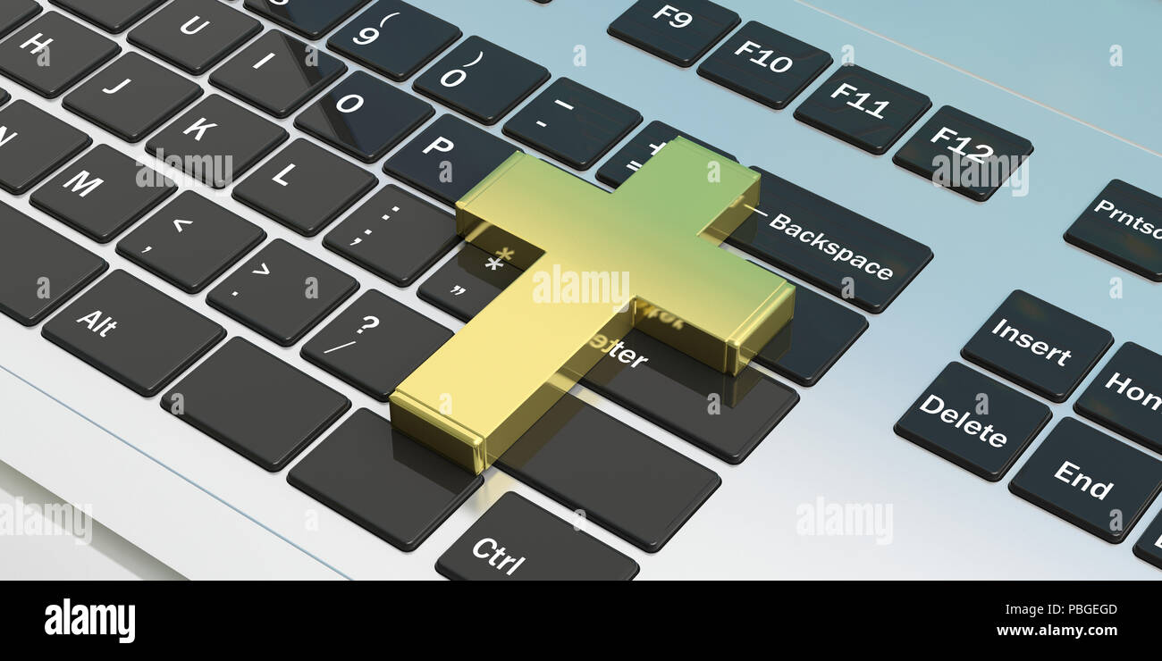 El cristianismo y la tecnología. Cruz de oro sobre el teclado en el  ordenador portátil. Ilustración 3d Fotografía de stock - Alamy