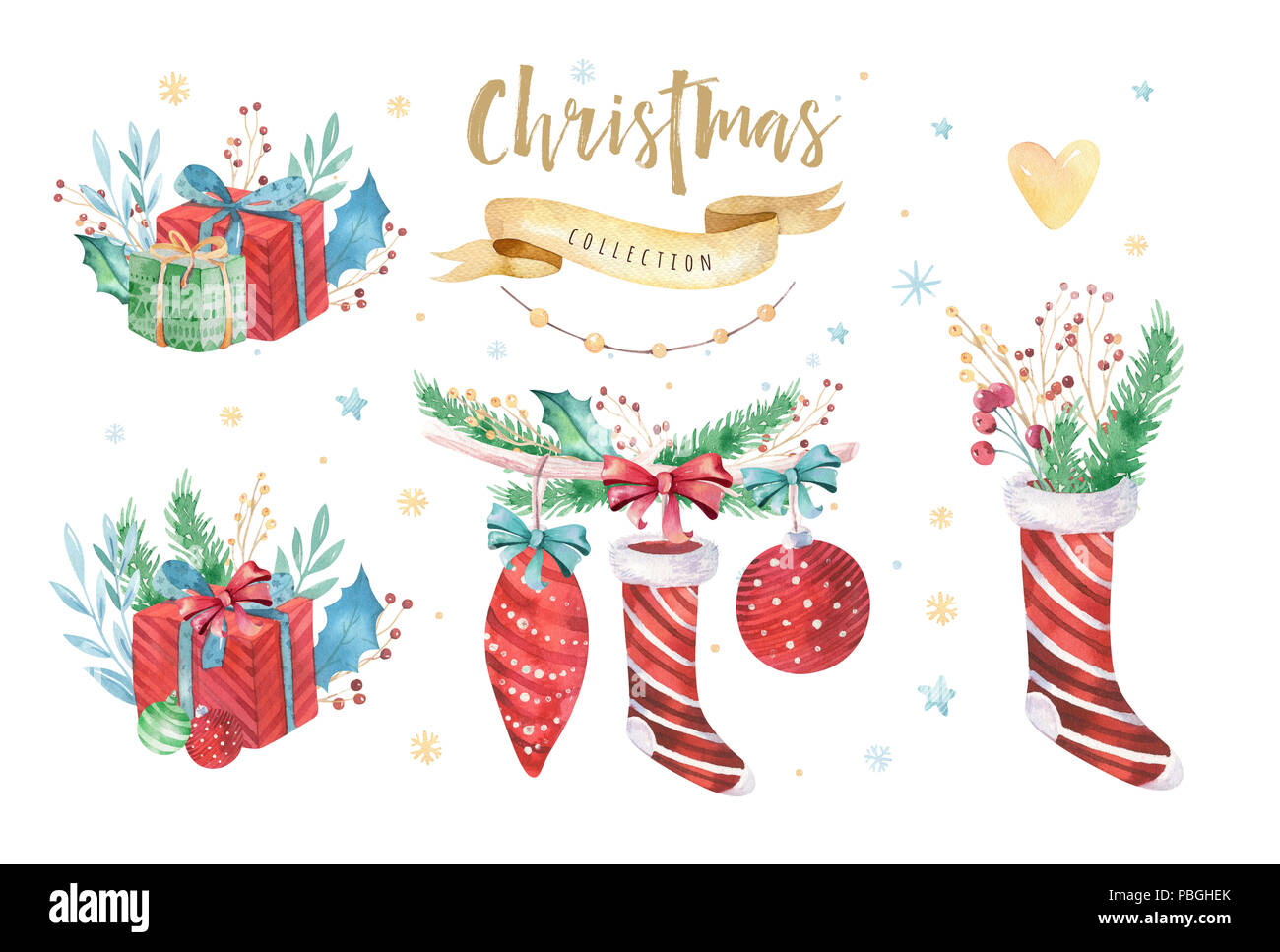 Feliz Navidad y Próspero Año Nuevo 2019 decoración juego de invierno. Acuarela fondo de vacaciones. Elemento de Navidad. Foto de stock