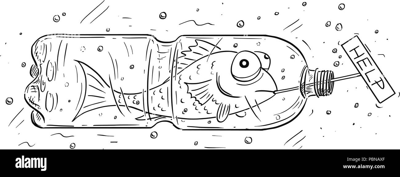 Cartoon de peces atrapados en una botella plástica celebración ayudar a firmar Ilustración del Vector