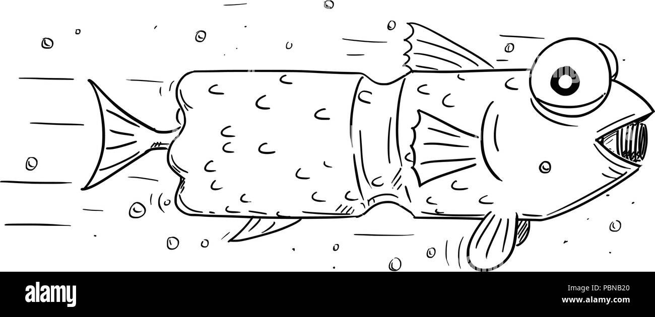 Caricatura de pescado que comió la botella de plástico Ilustración del Vector