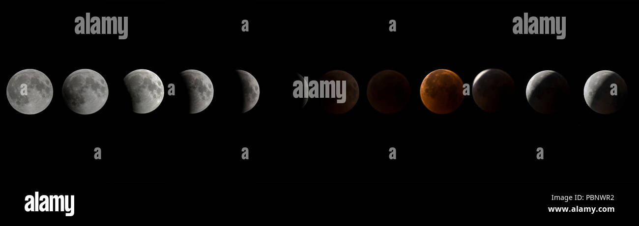 Una secuencia de la sangre Luna eclipse lunar fotos fueron tomadas en aeródromo de Bagram, Afganistán, 27 de julio de 2018. Mientras que los eclipses lunares ocurren esporádicamente durante todo el año, éste en particular fue el más largo eclipse que ocurren en el siglo XXI. Esto sólo fue posible porque la luna estaba cerca de su punto más alejado de la tierra y orbitando lentamente, fundamentalmente haciendo que tome más tiempo para viajar a través de la sombra de la tierra. La tierra también estaba cerca de su punto más alejado del sol, haciendo que la sombra de la Tierra se vean más grandes. El próximo eclipse lunar total será el 21 de enero de 2019, y será visible en América del Norte Foto de stock