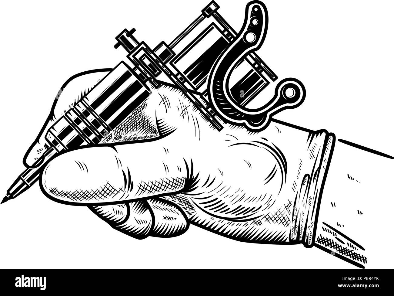 La mano con la máquina para tatuajes. Elemento de diseño de carteles,  tarjetas, camiseta, emblema, signo. Ilustración vectorial Imagen Vector de  stock - Alamy