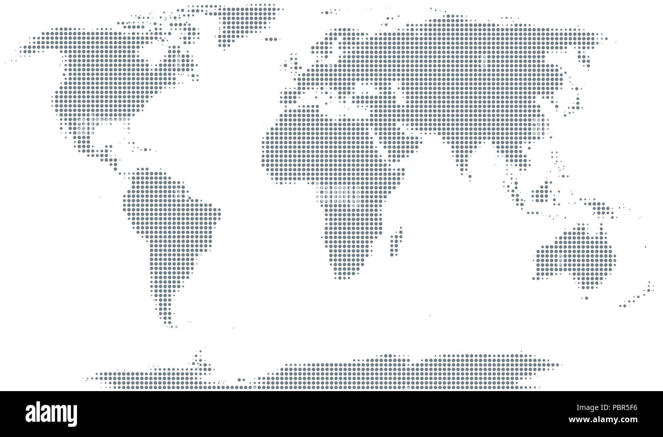Silueta del mundo. Puntos de semitono de color gris, que varían en tamaño y espaciado. Mapa del mundo. Contorno punteado y la superficie de la tierra. Foto de stock