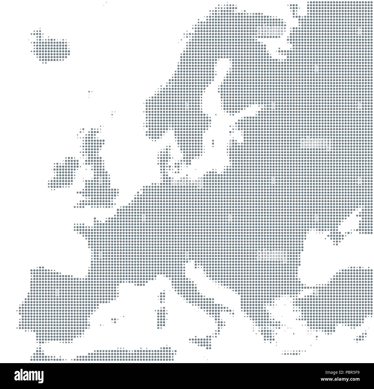 Silueta de Europa. Puntos de semitono de color gris, que varían en tamaño y espaciado. Mapa de Europa. Contorno punteado y la superficie debajo de la proyección Robinson. Foto de stock
