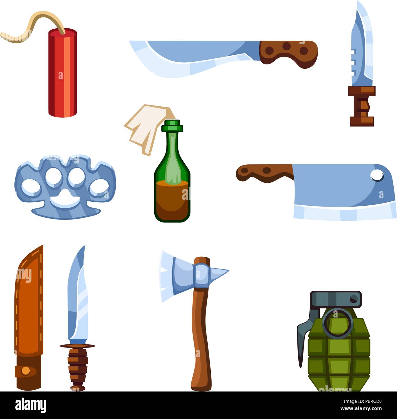 Conjunto de elementos de juego de supervivencia de dibujos animados - piercing armas y bombas Ilustración del Vector