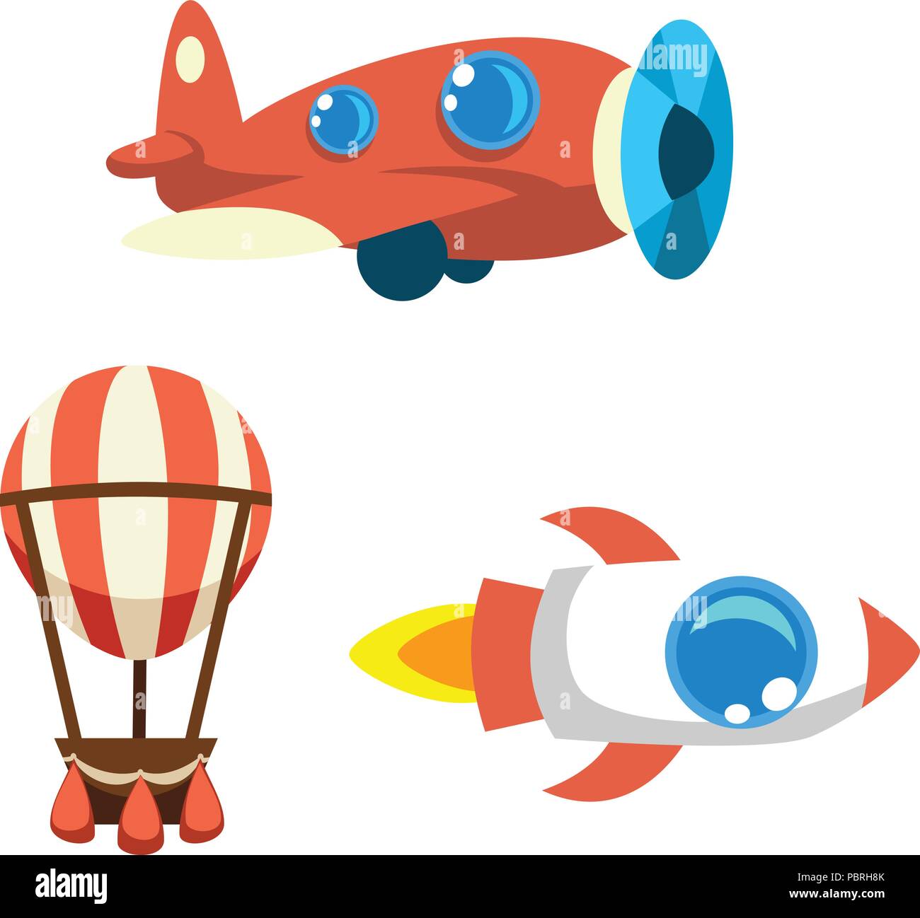 Conjunto de objetos vectoriales animados de globos de aire, cohetes y  aviones antiguos Imagen Vector de stock - Alamy