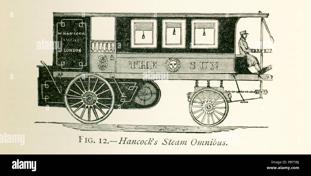 Esta ilustración se remonta a la década de 1870 y muestra Hancock Steam del  ómnibus. En ese momento y durante años , motores de locomotoras fueron usados  para carros propell como éste,