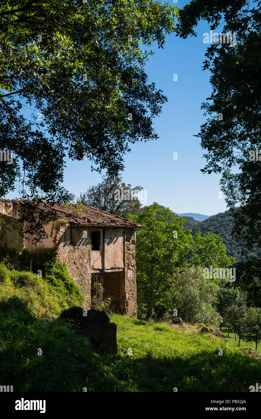 Antiguo cortijo abandonado cerca de Santa Pau en Cataluña, España Foto de stock