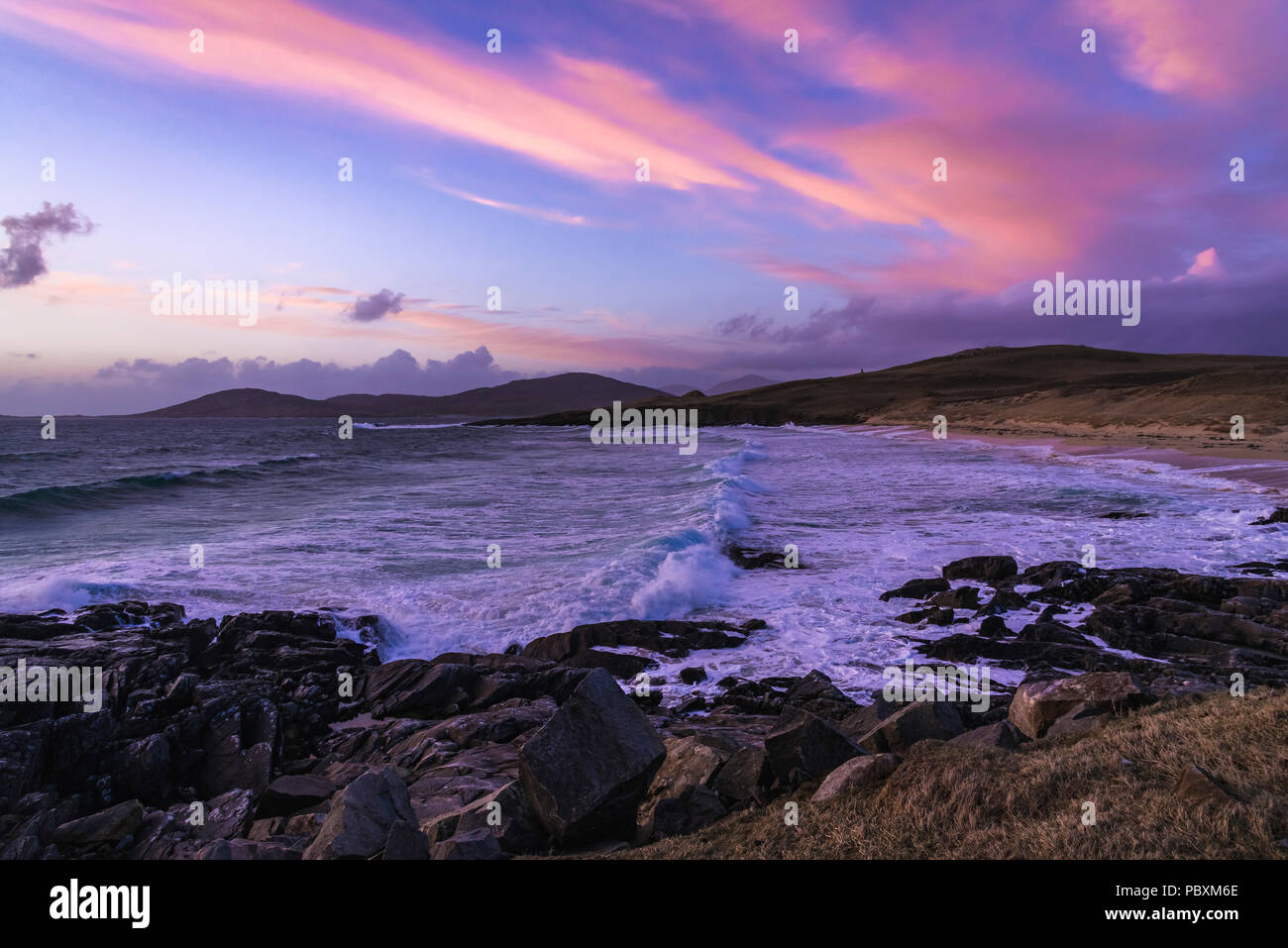 Sunset Seilebost, Isla de Harris, Escocia, Reino Unido, Europa Foto de stock