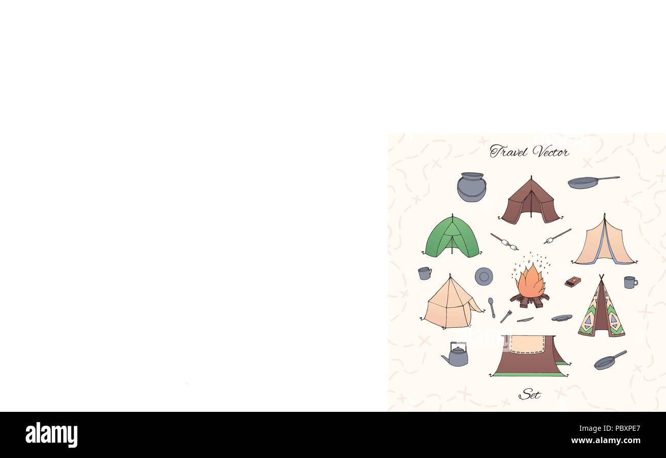 Vector dibujados a mano set de camping con carpas, fogatas, hervidor, placas, caldera y pan. Viajes de la colección aislado en el fondo beige. Ilustración del Vector