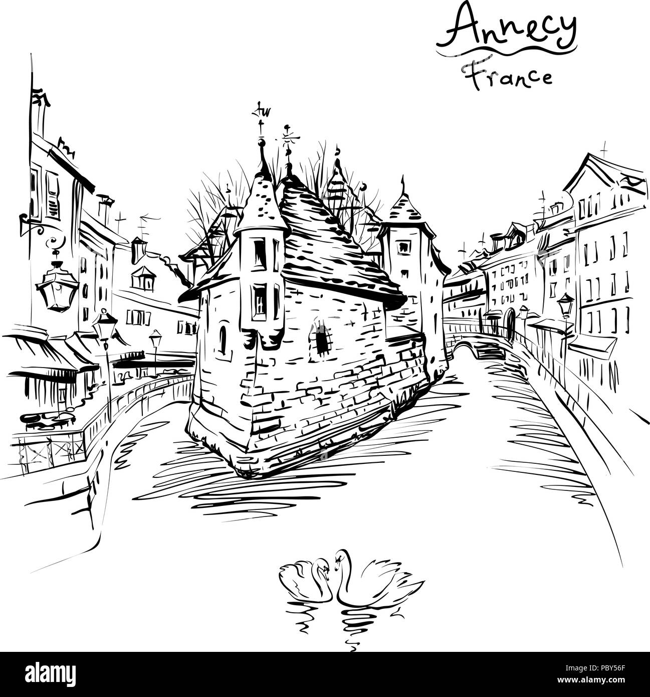 Annecy, la Venecia de los Alpes, Francia. Ilustración del Vector