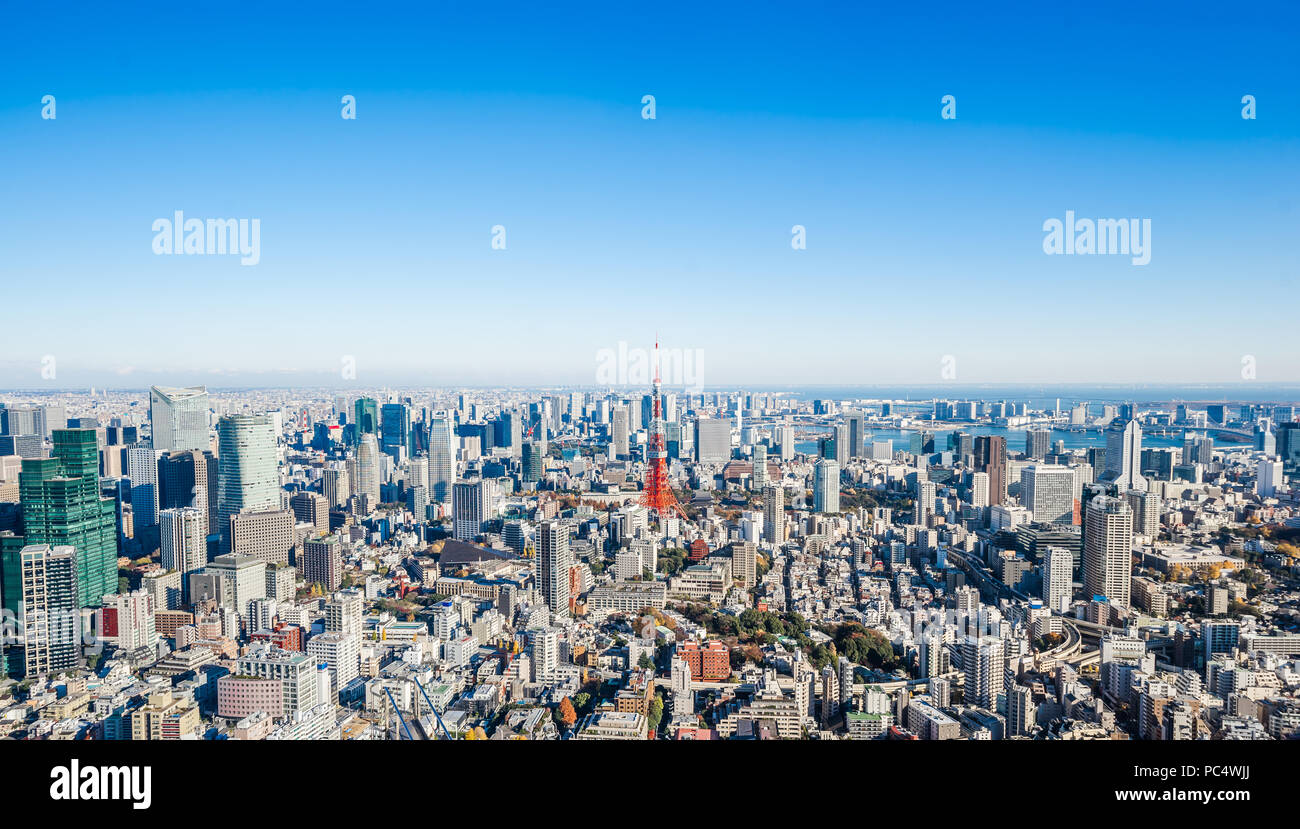 Concepto de negocio de Asia para bienes inmuebles y construcción corporativa - vistas panorámicas del horizonte de la ciudad de ojo de pájaro moderno vista aérea de la torre de tokyo y odaiba bajo Foto de stock