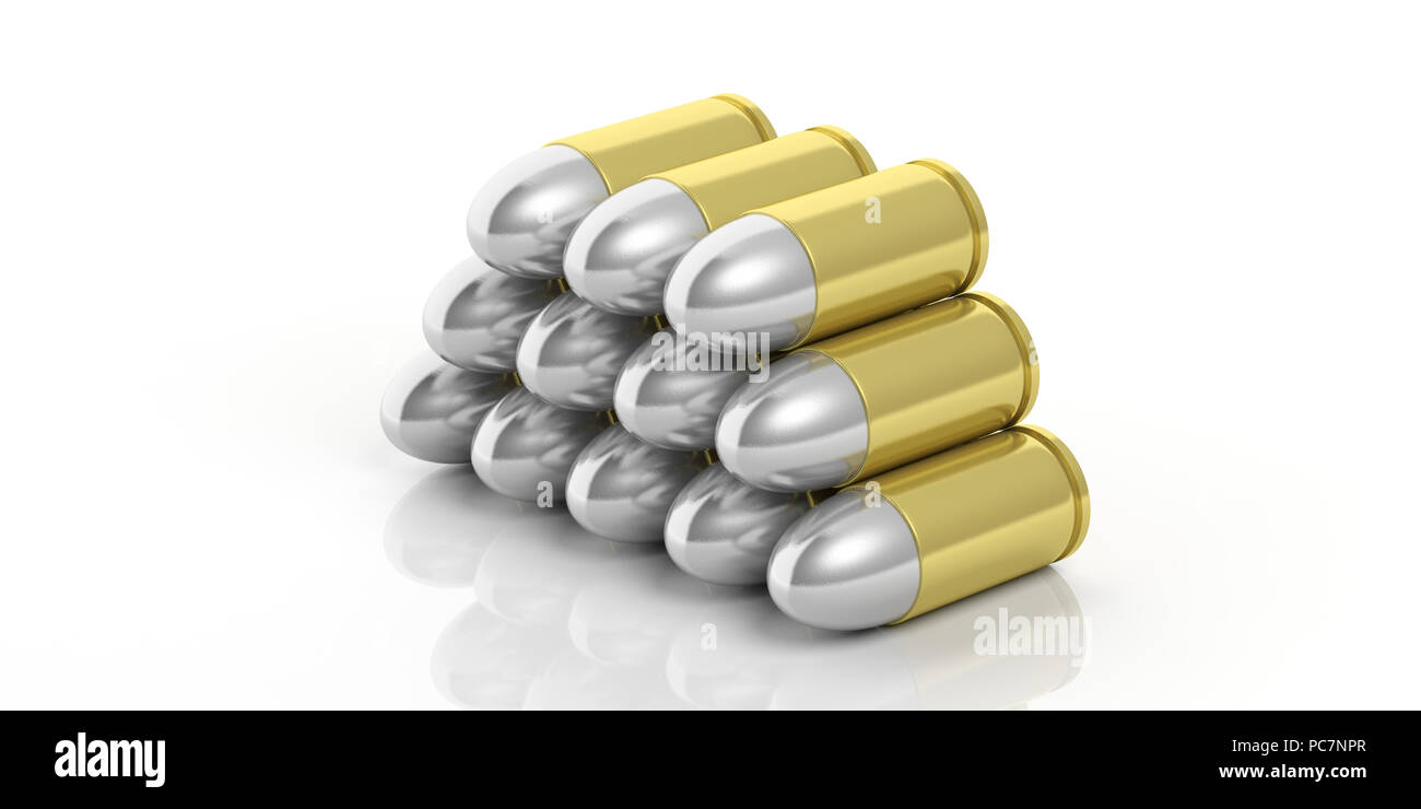 Pila de balas de plata oro aislado sobre fondo blanco. 3d illustartion Foto de stock