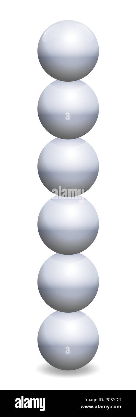 Apilar esferas torre. Seis bolas de hierro en equilibrio inestable - Ilustración sobre fondo blanco. Foto de stock