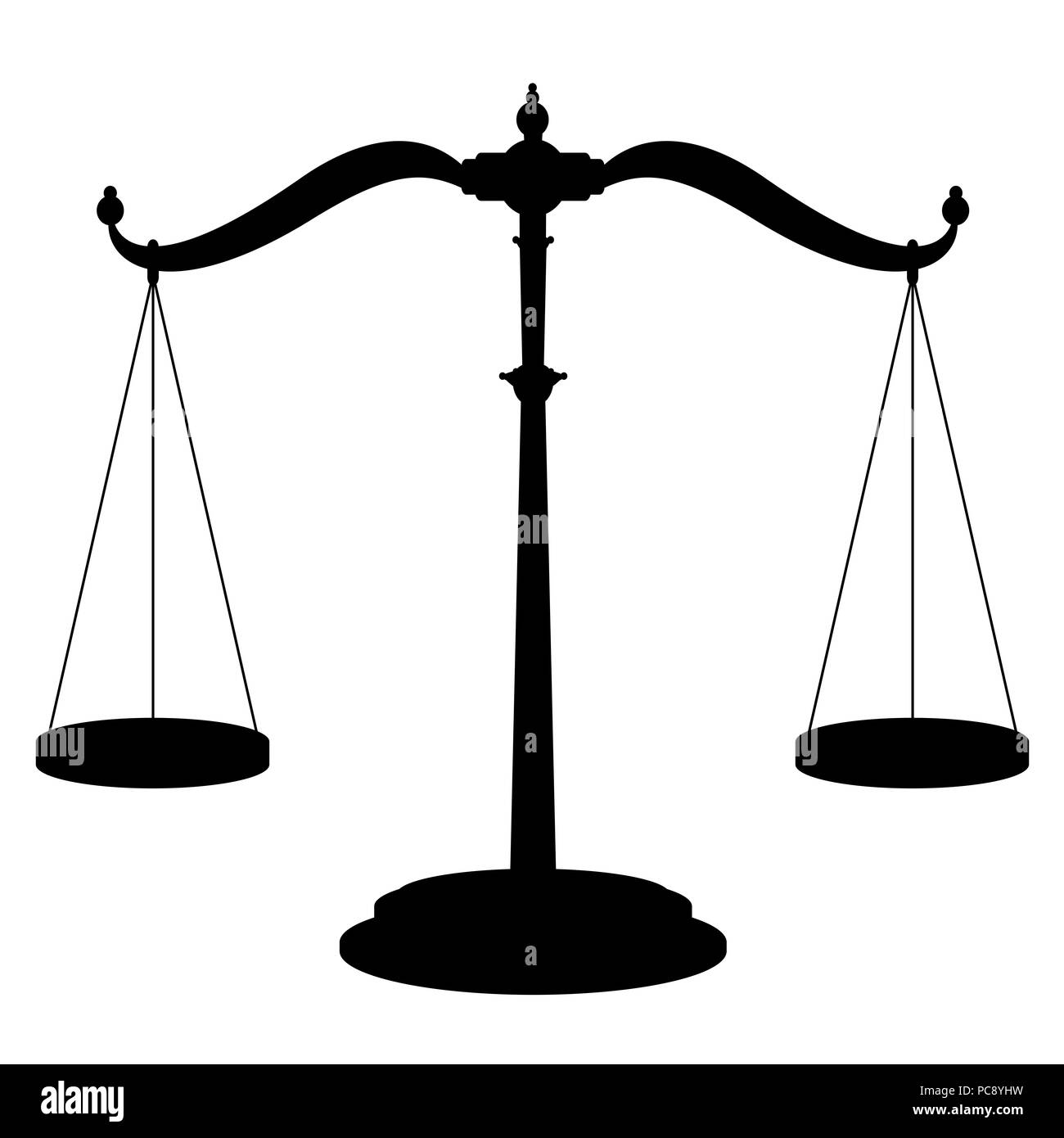 Balanza - símbolo de icono de dispositivo de pesaje con dos recipientes colgantes perfectamente equilibrado - ilustración en negro sobre fondo blanco. Foto de stock