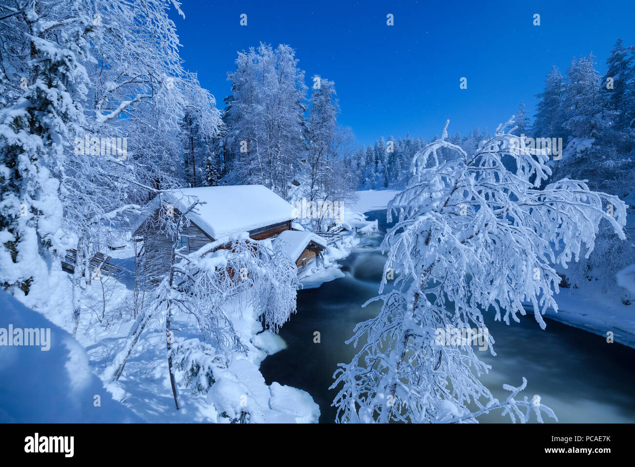 Por encima de los árboles congelados Myllykoski rápidos y Old Mill, Juuma, el Parque Nacional de Oulanka, Kuusamo en Laponia, Finlandia, Europa Foto de stock