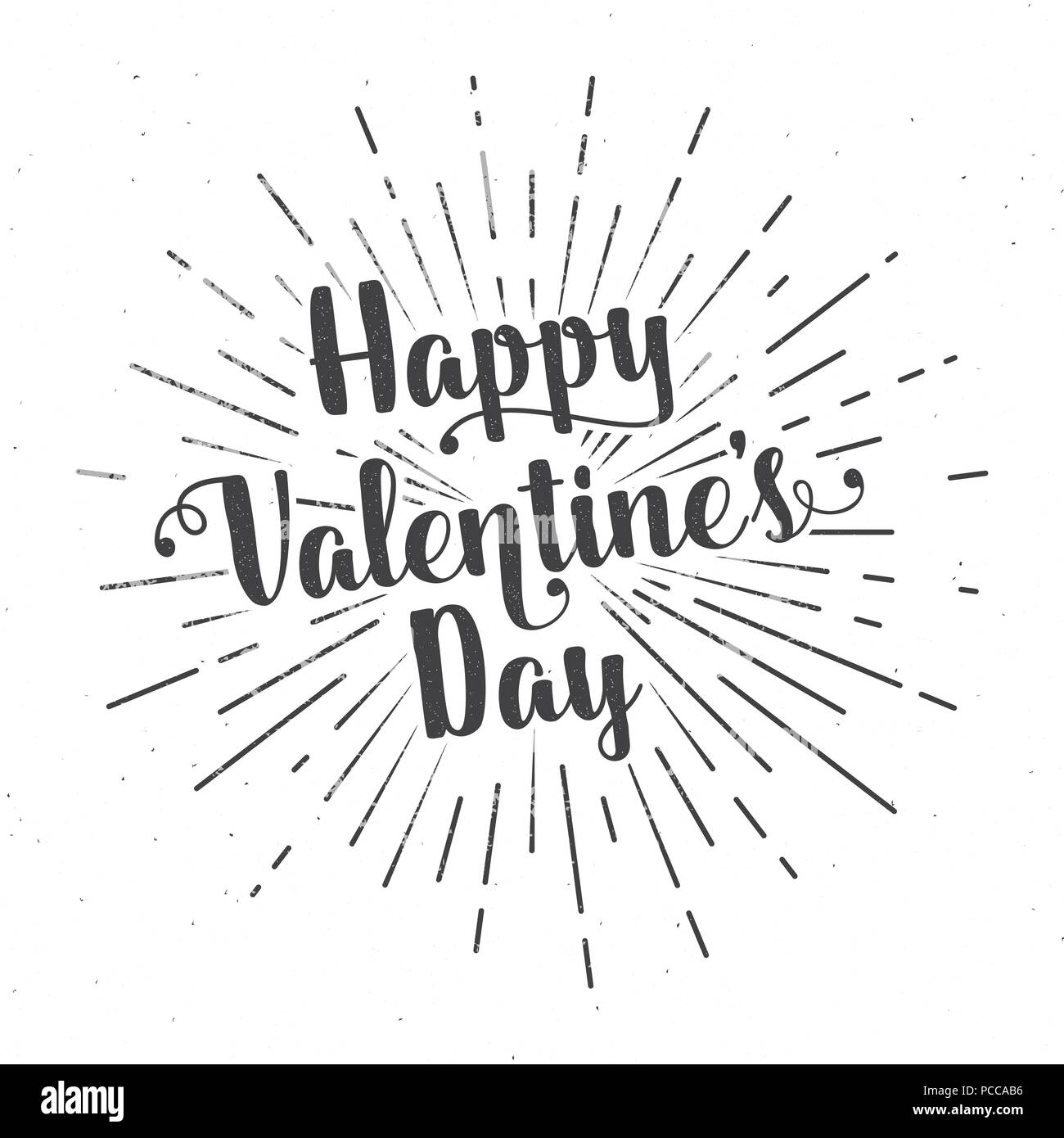 Feliz Día de San Valentín y la leyenda de texto. Ilustración vectorial. Para la tarjeta de felicitación, folleto, póster logo con texto, letras de ráfagas de rayos de luz. Ilustración del Vector