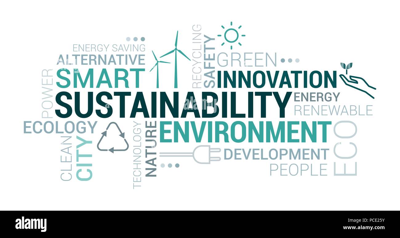 Medio ambiente, las ciudades inteligentes y sostenibilidad tag cloud con iconos y conceptos Ilustración del Vector