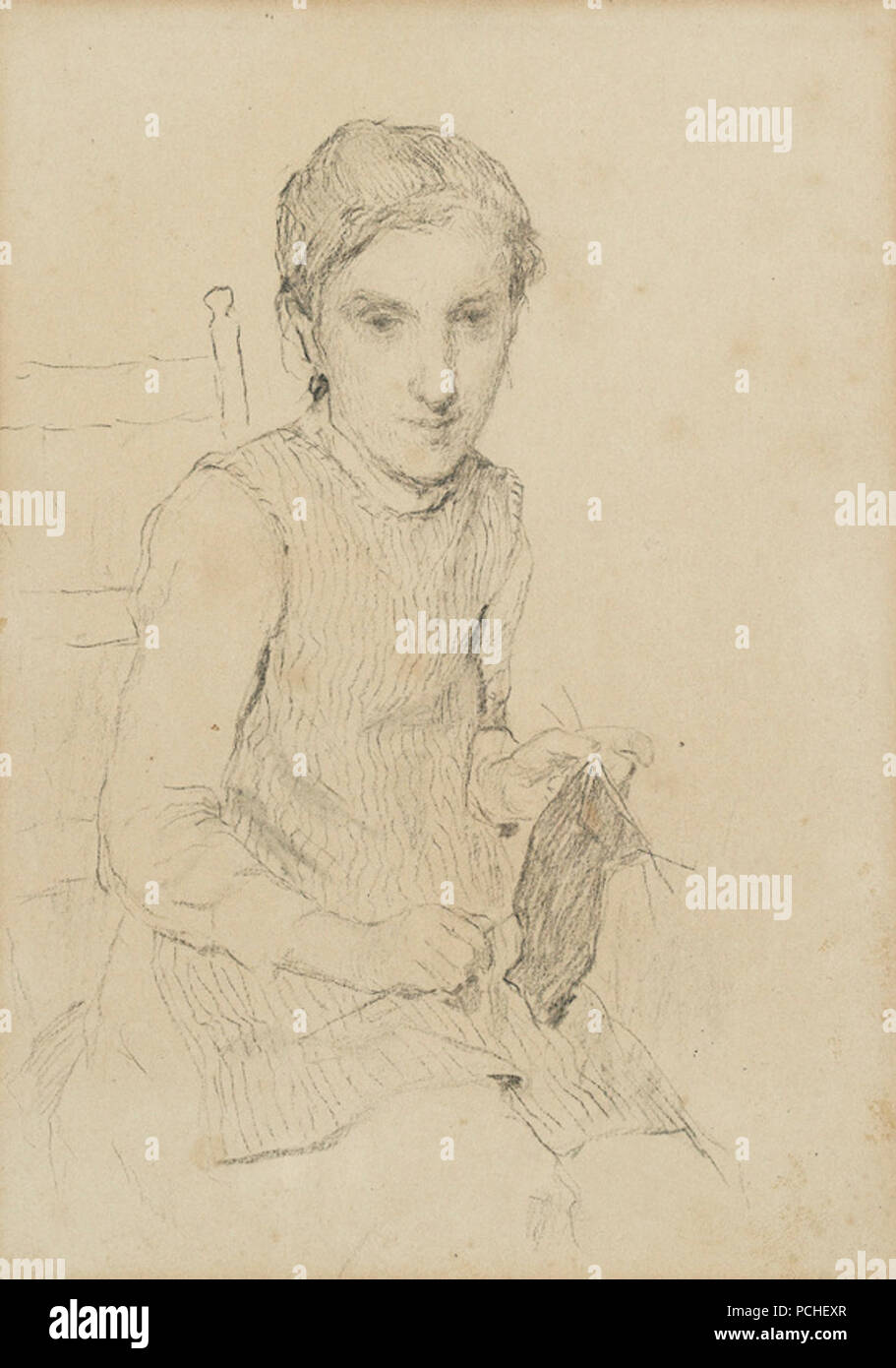 Albert Anker Strickendes Mädchen. Foto de stock