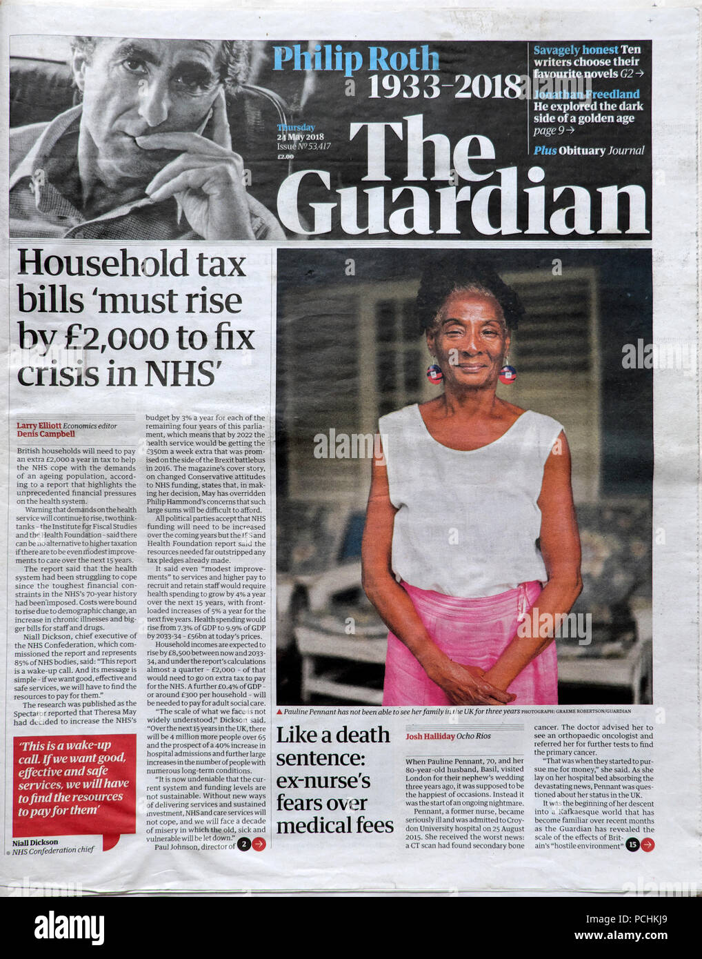 Las facturas de impuestos domésticos 'must subida por £2.000 para solucionar crisis de NHS' Guardian headline Mayo 2018 Londres, Gran Bretaña. Foto de stock