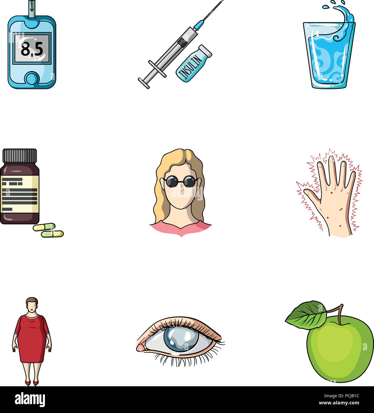 Un conjunto de iconos sobre diabetes mellitus. Síntomas y tratamiento de la  diabetes. Icono de diabetes en conjunto en el estilo de dibujos animados  vector stock symbol web i Imagen Vector de