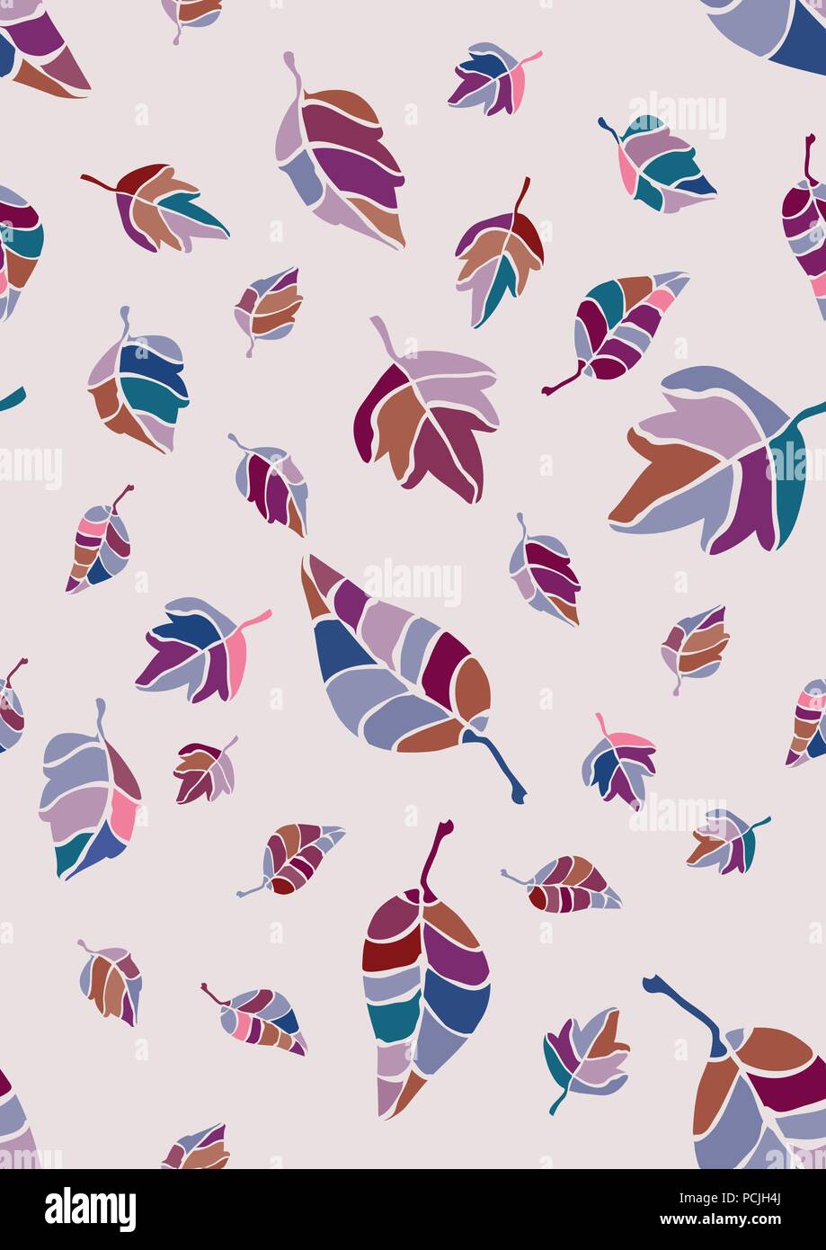 Vector patrón, textura de superficie con multicolor (azul, rosa Claret, púrpura, marrón) la caída de las hojas, follaje de luz de fondo rosa, beige Ilustración del Vector