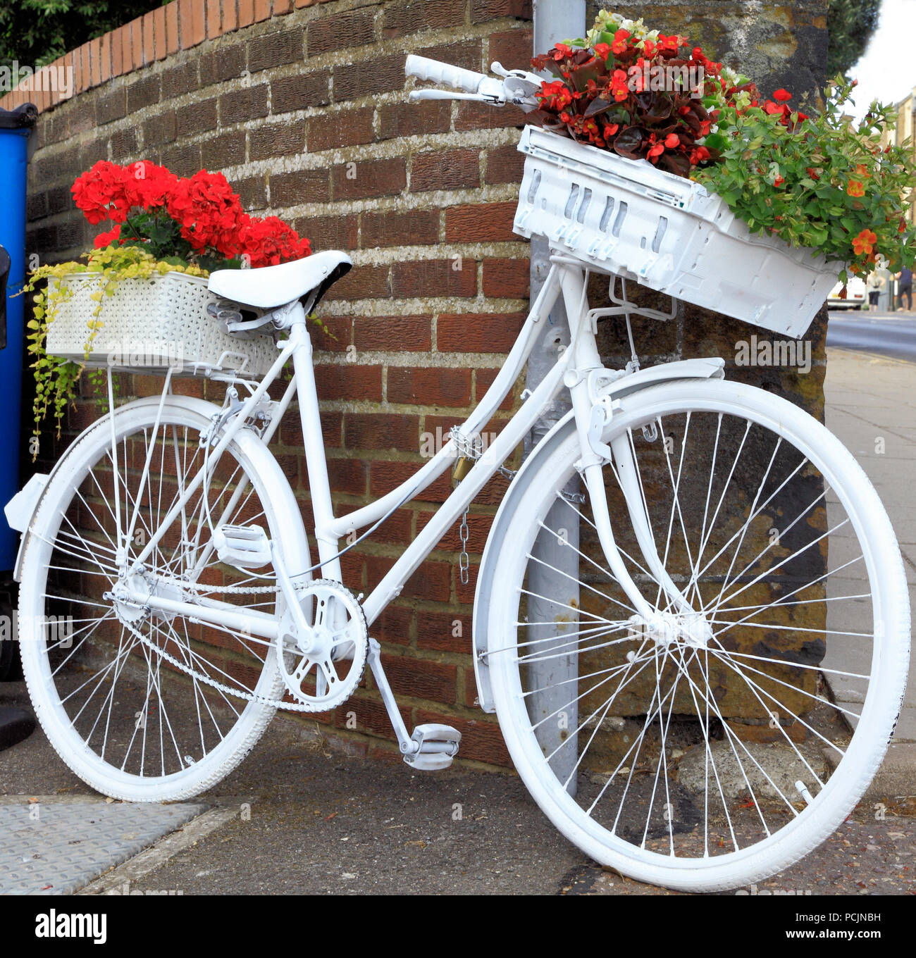 Hunstanton en Flor, planta inusual contenedor, bicicletas pintadas de blanco Foto de stock