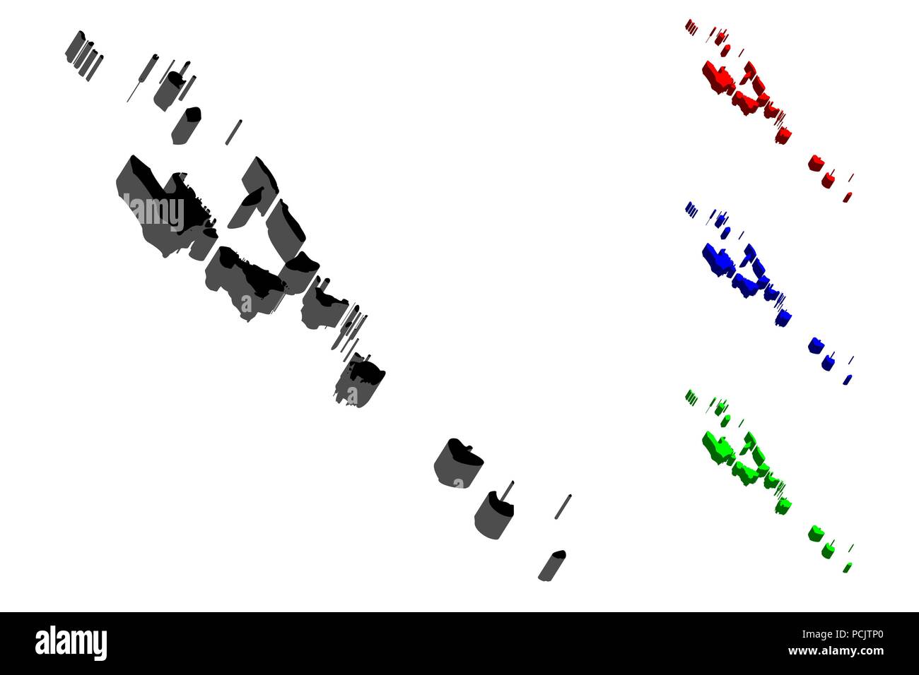 Mapa 3D de Vanuatu (República de Vanuatu) - negro, rojo, azul y verde - ilustración vectorial Ilustración del Vector