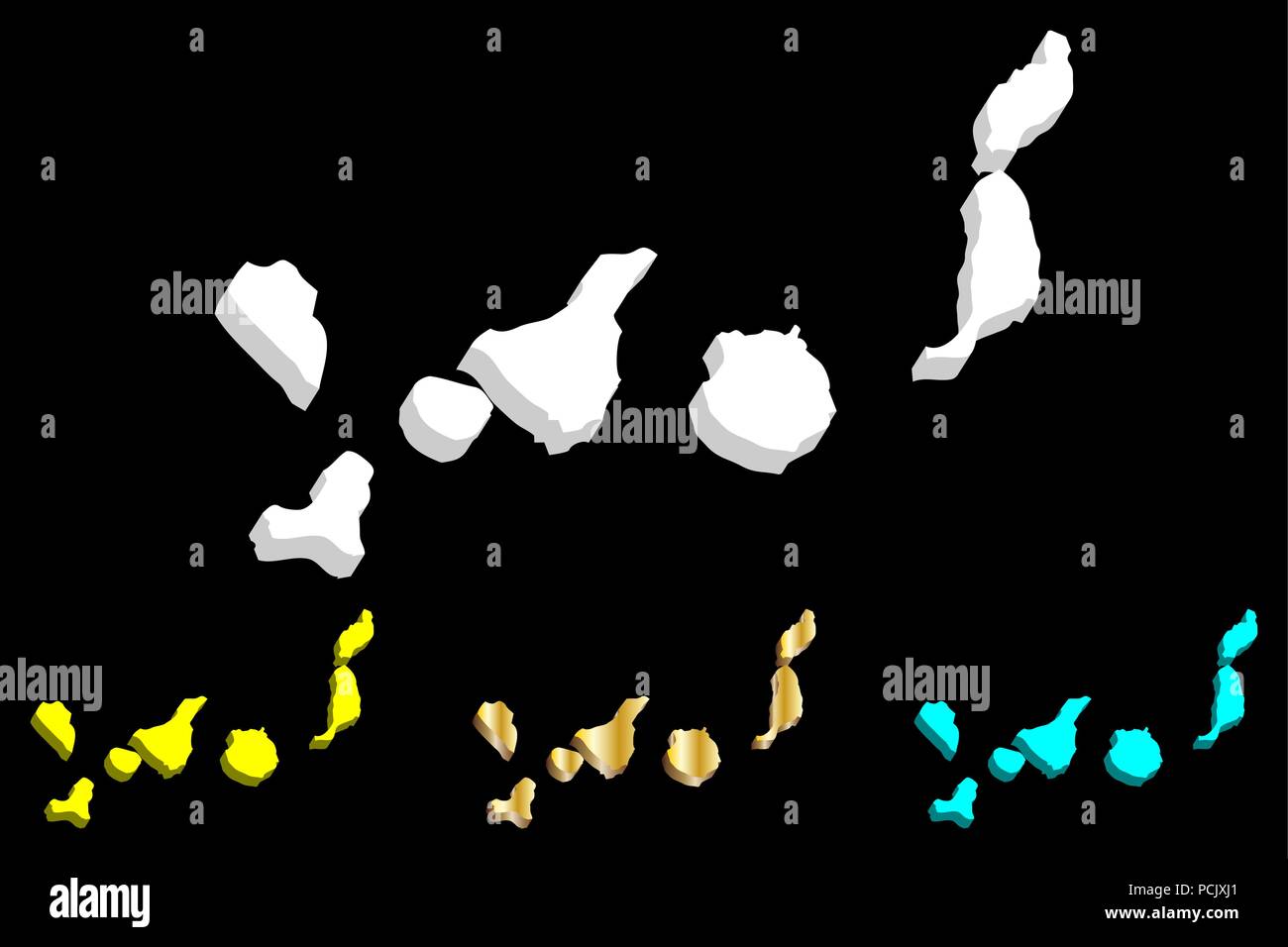 Mapa 3D de Canarias (Islas Canarias) - blanco, amarillo, azul y oro - ilustración vectorial Ilustración del Vector